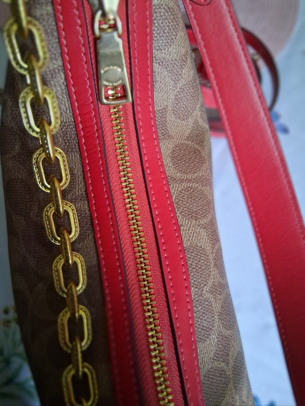 Coach Aria Brown Signature Crescent Shoulder Bag with Red Trim - Picture 9 of 11
